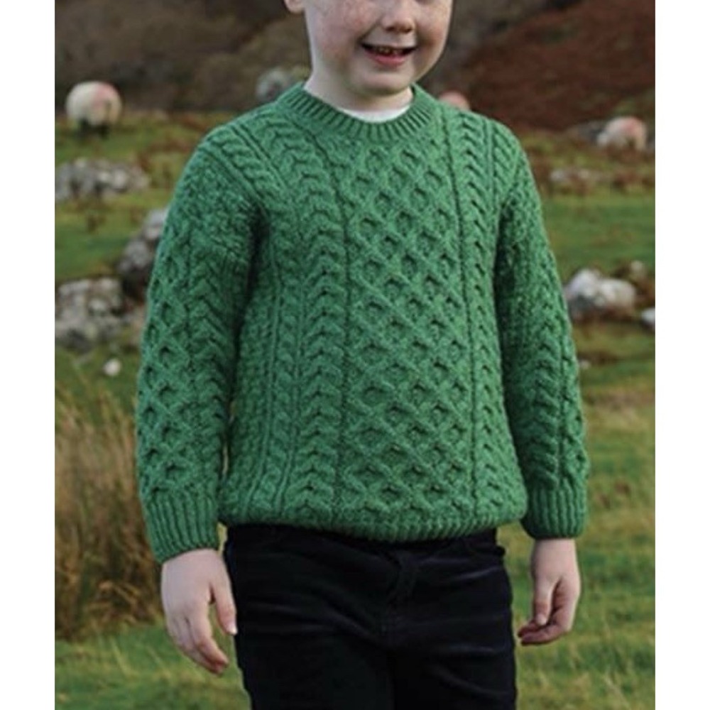 Aran Sweater Market Kids 6-7 Years Green Merino Wool Cable Knit‎ Sweater Ireland - Picture 6 of 6